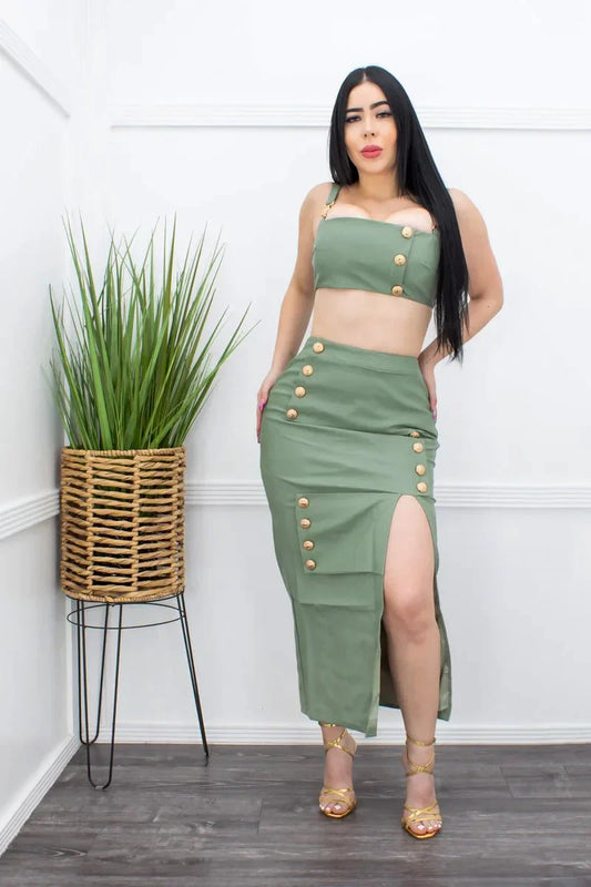 City Slick PU Crop Top & Slit Tube Skirt (Green)