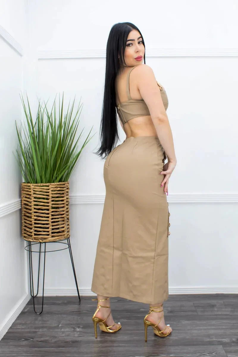 City Slick PU Crop Top & Slit Tube Skirt (Nude)