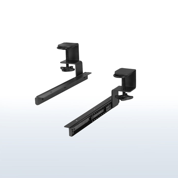 Under-desk sliding pull out keyboard tray clamp and rail set (2 pack).
