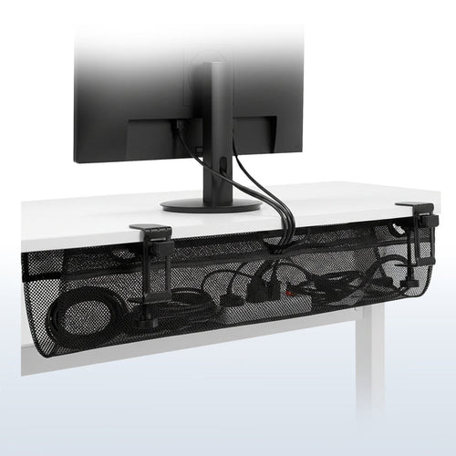 Long clamp on cable management net attached to a desk.