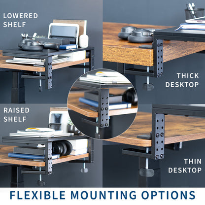Adjustable desk setup with different shelf heights and desktop thicknesses on a gray background.
