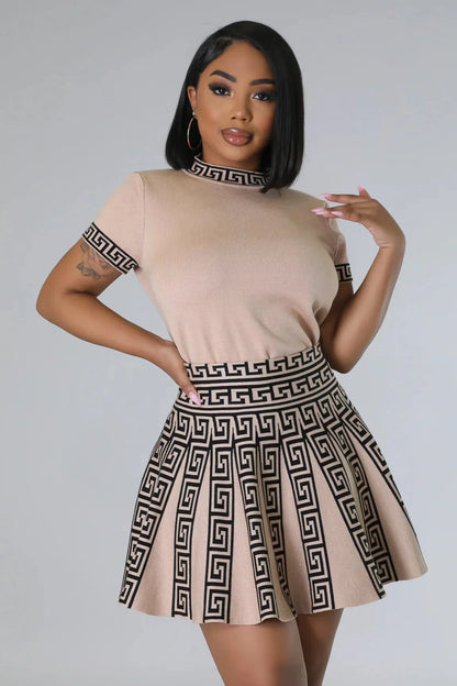 Classy Girl Knit Skirt Set – Taupe Pleated Two-Piece Outfit