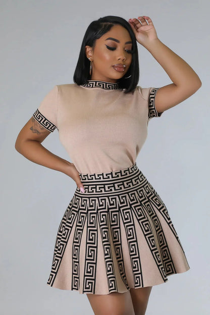 Classy Girl Knit Skirt Set – Taupe Pleated Two-Piece Outfit