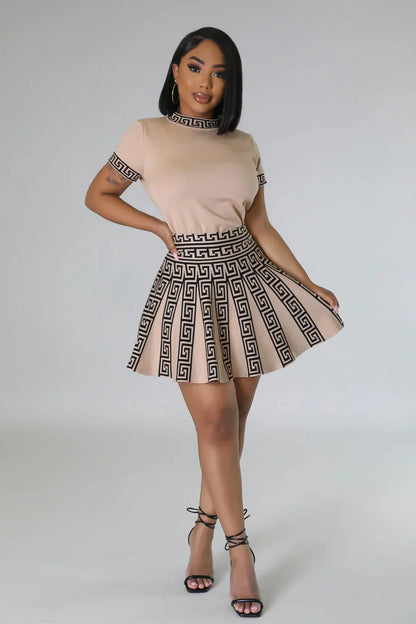 Classy Girl Knit Skirt Set – Taupe Pleated Two-Piece Outfit