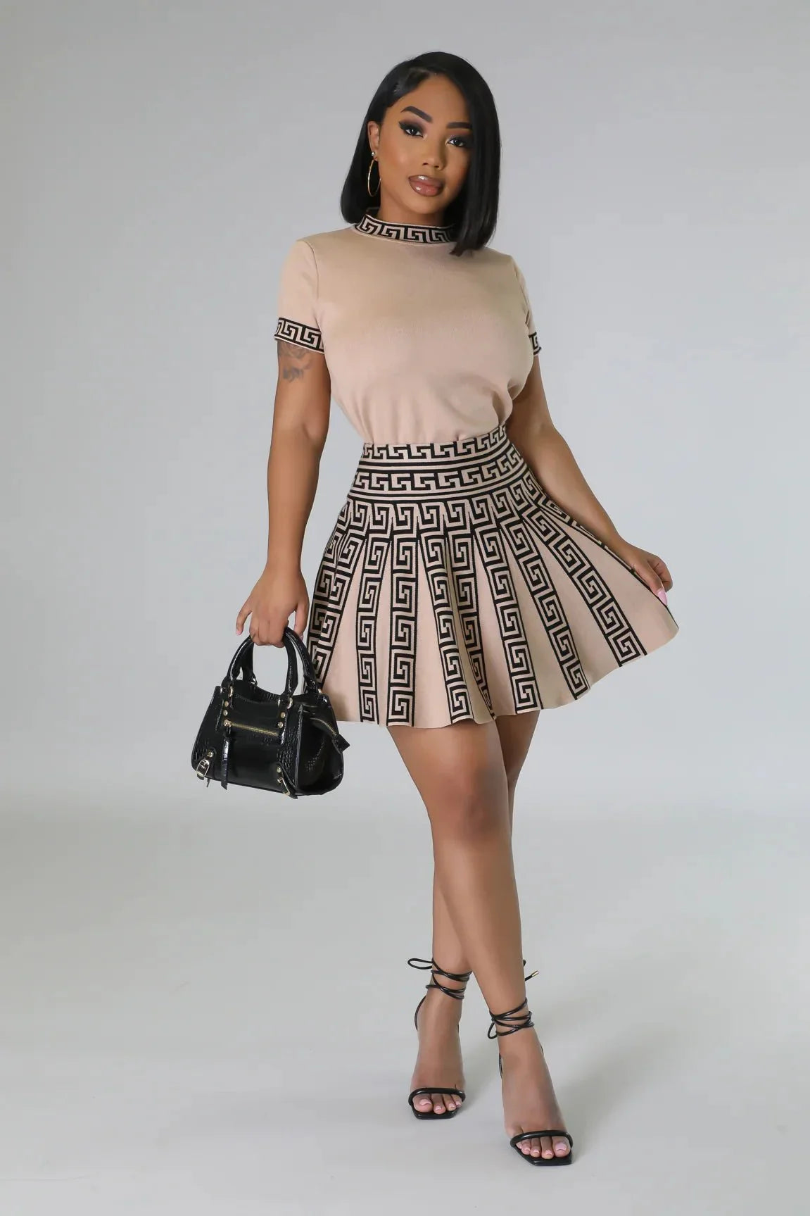 Classy Girl Knit Skirt Set – Taupe Pleated Two-Piece Outfit