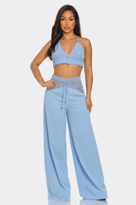 Coastal Breeze Crochet Pant Set-Baby Blue