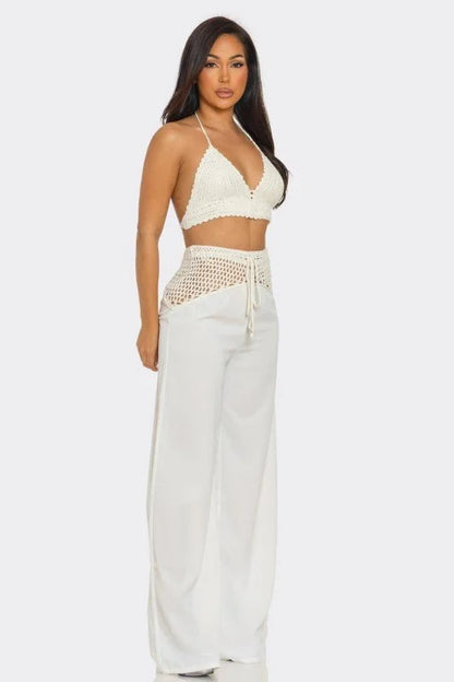 Coastal Breeze Crochet Pant Set - White