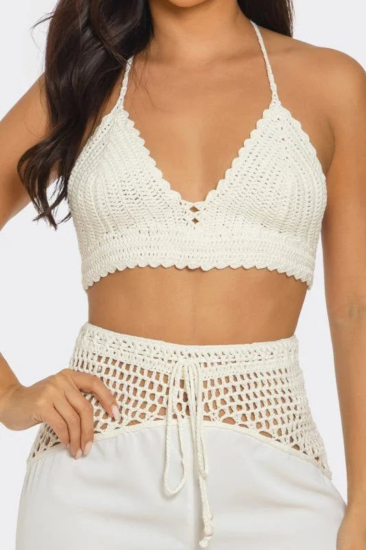 Coastal Breeze Crochet Pant Set - White