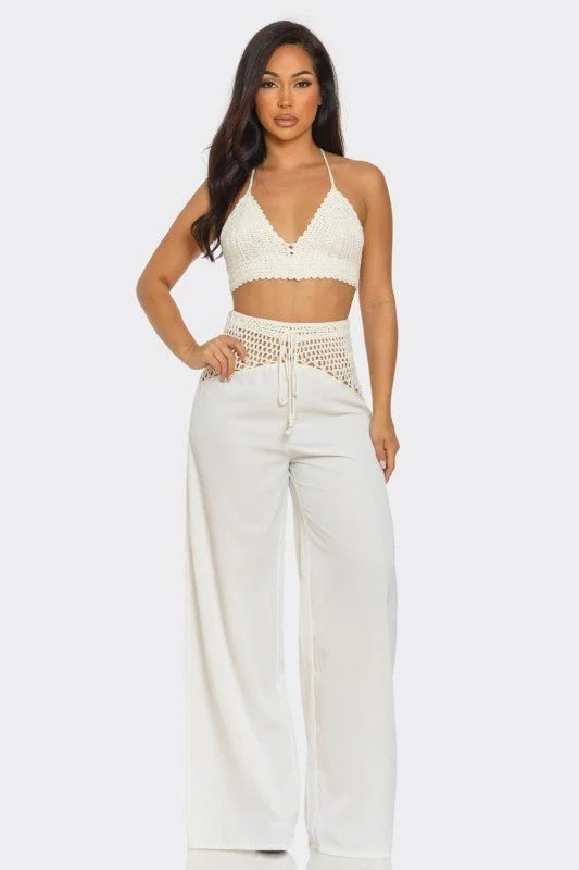 Coastal Breeze Crochet Pant Set - White