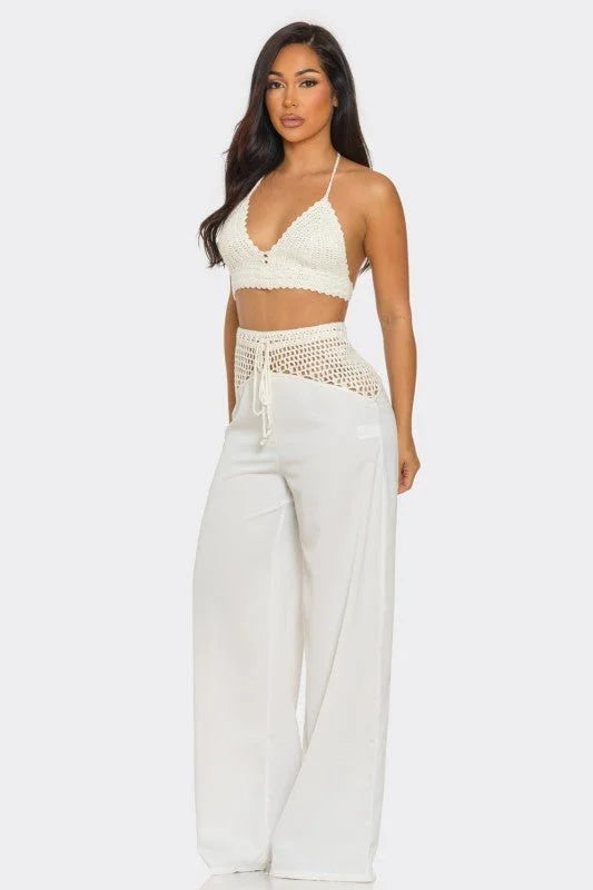 Coastal Breeze Crochet Pant Set - White