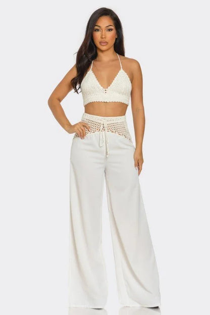 Coastal Breeze Crochet Pant Set - White