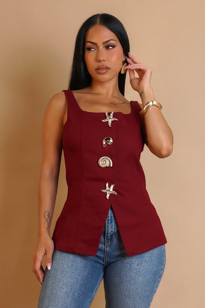 Coastal Charm Seashell Button Top - Burgundy
