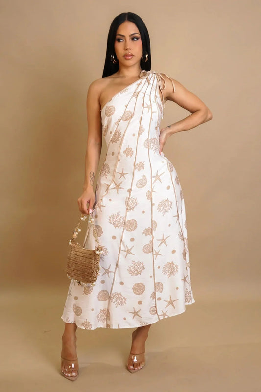 Coastal Muse One Shoulder Midi Dress - Taupe