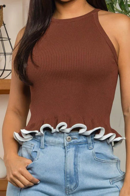 Cocoa Swirl Ruffle Knit Top - Brown