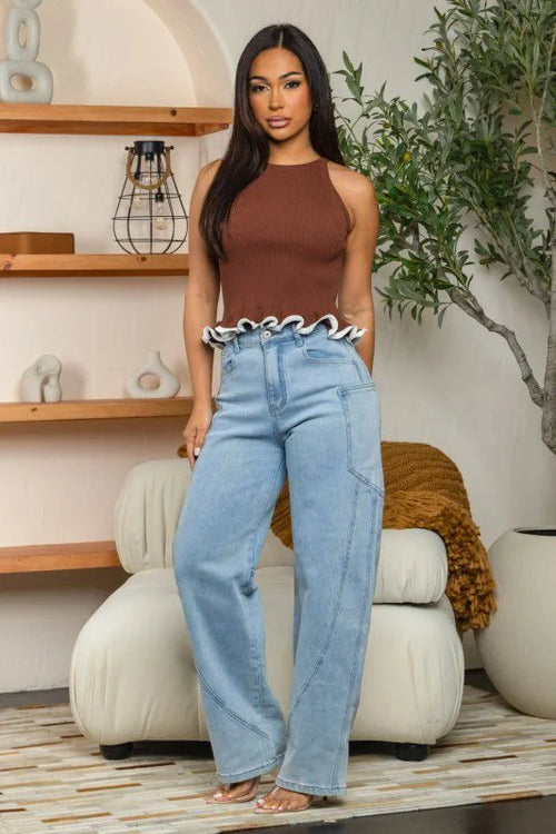 Cocoa Swirl Ruffle Knit Top - Brown