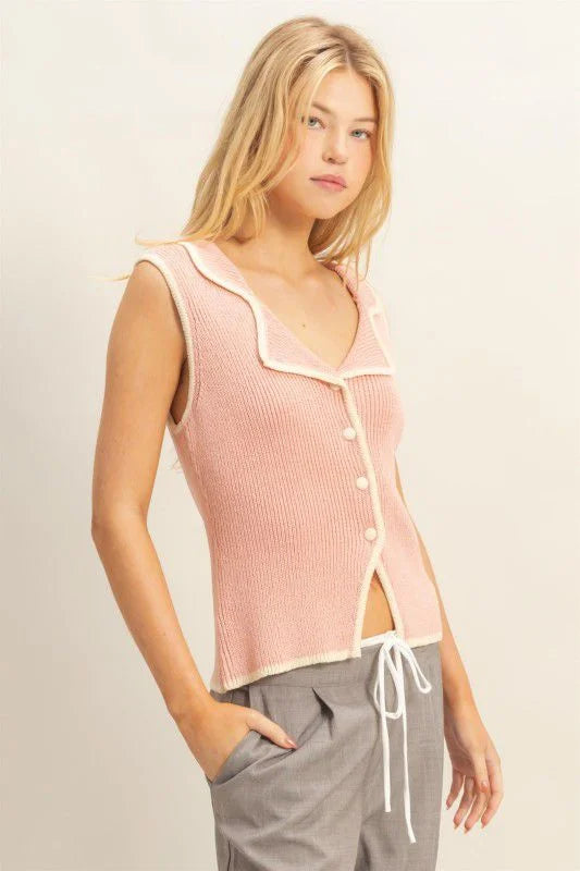 Contrast Trim Knit Vest Top - blush
