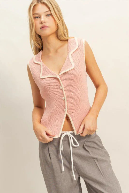 Contrast Trim Knit Vest Top - blush