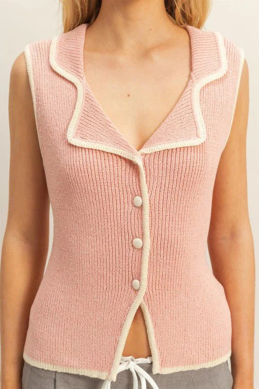 Contrast Trim Knit Vest Top - blush
