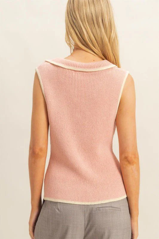 Contrast Trim Knit Vest Top - blush