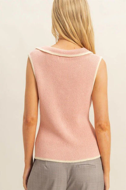 Contrast Trim Knit Vest Top - blush