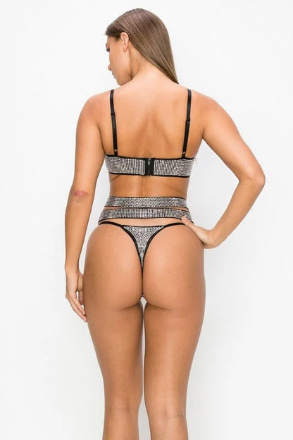 2 Piece Rhinestone Mesh Crop Top & Panty Set