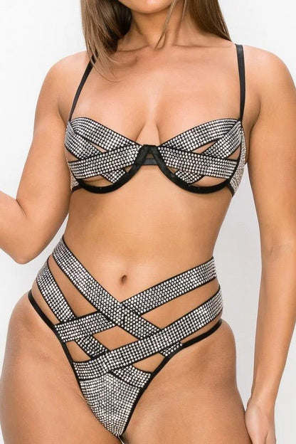 2 Piece Rhinestone Mesh Crop Top & Panty Set