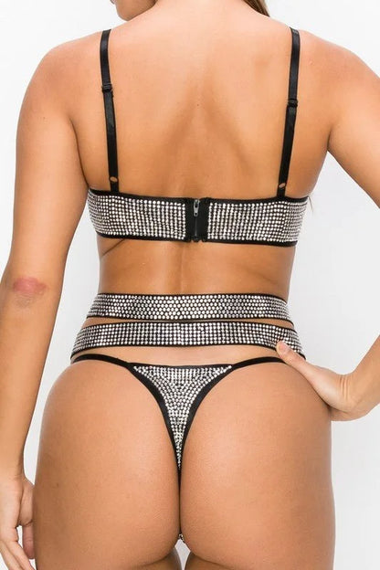 2 Piece Rhinestone Mesh Crop Top & Panty Set
