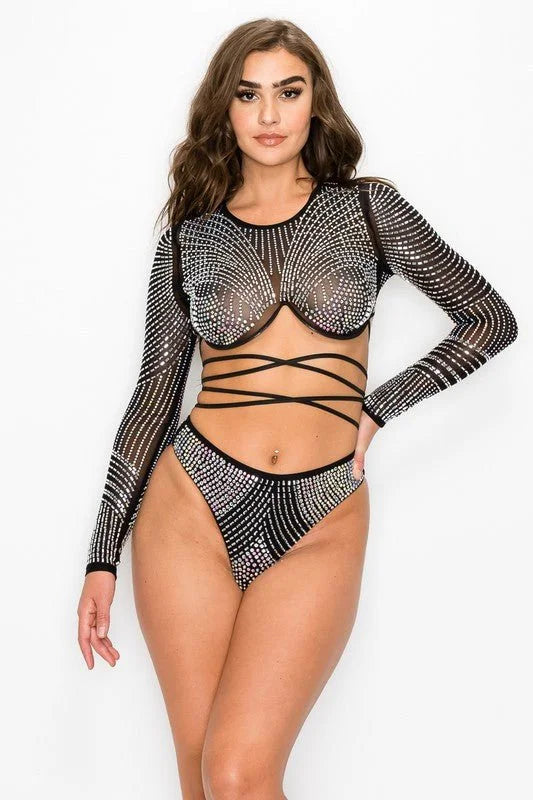 2pcs Rhinestone Bikini Set – Black