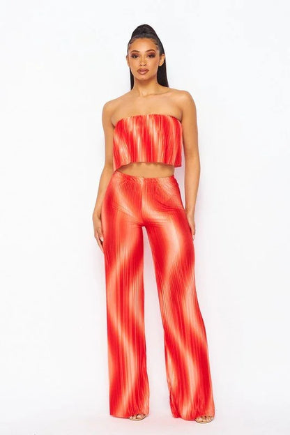 Flared bandeau top and straight leg pants set (Orange)