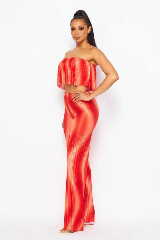 Flared bandeau top and straight leg pants set (Orange)