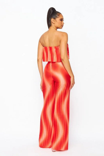 Flared bandeau top and straight leg pants set (Orange)