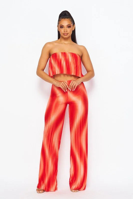 Flared bandeau top and straight leg pants set (Orange)