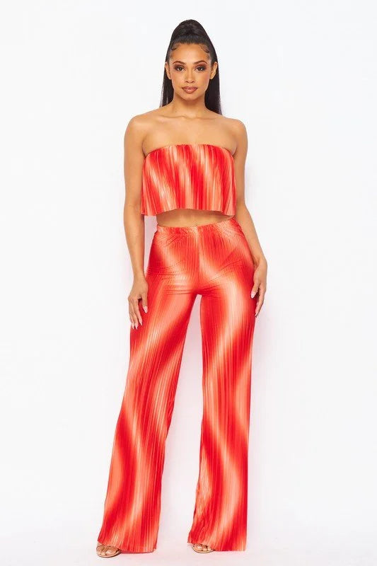 Flared bandeau top and straight leg pants set (Orange)