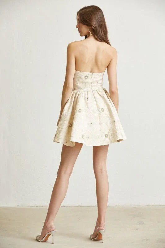 Enchanted Champagne Romper with Brocade Peplum