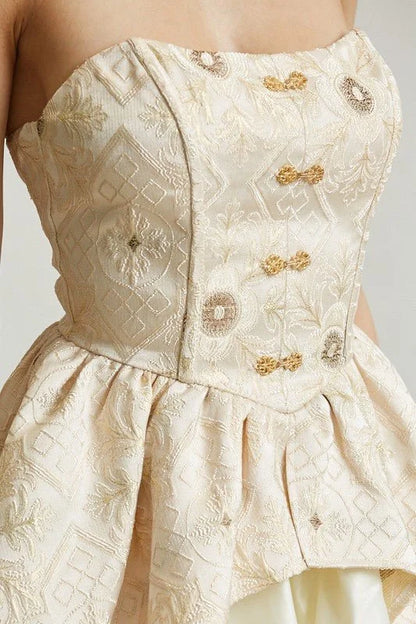 Enchanted Champagne Romper with Brocade Peplum
