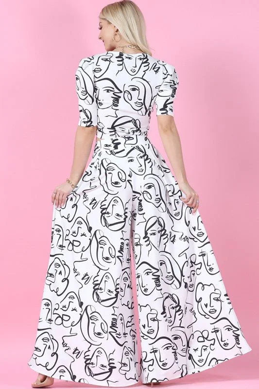 Face Graphic Print Palazzo Pants - White
