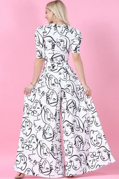 Face Graphic Print Palazzo Pants - White