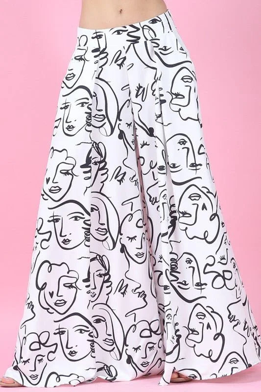 Face Graphic Print Palazzo Pants - White