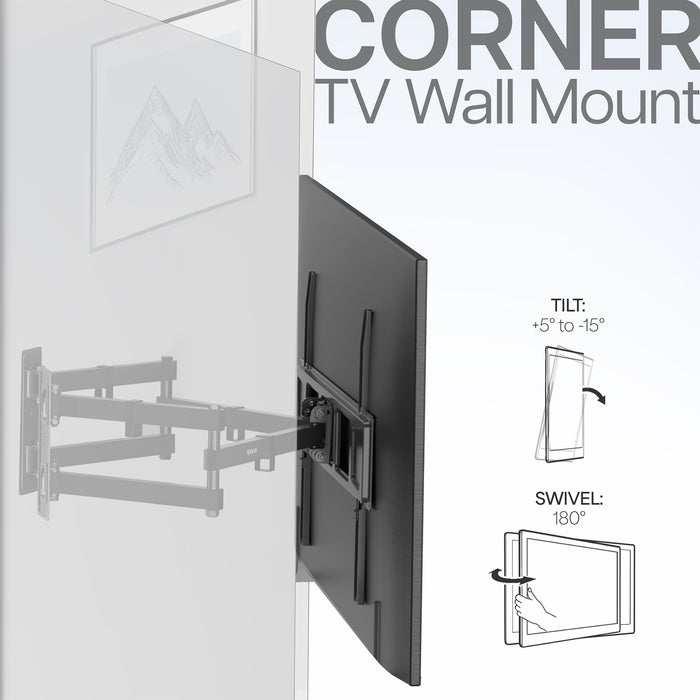Corner TV wall mount secured to both walls for maximum security of the TV screen.