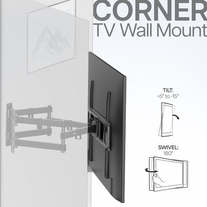 Corner TV wall mount secured to both walls for maximum security of the TV screen.