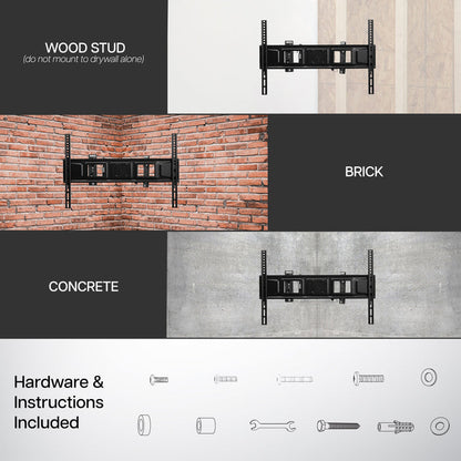 Sturdy corner wall mount for TV for wood stud, brick, or concrete with hardware included.