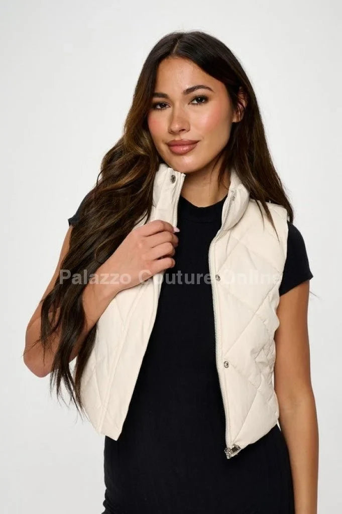 Faux Leather Cropped Puffer Vest – Quilted Vegan Outerwear - Cream