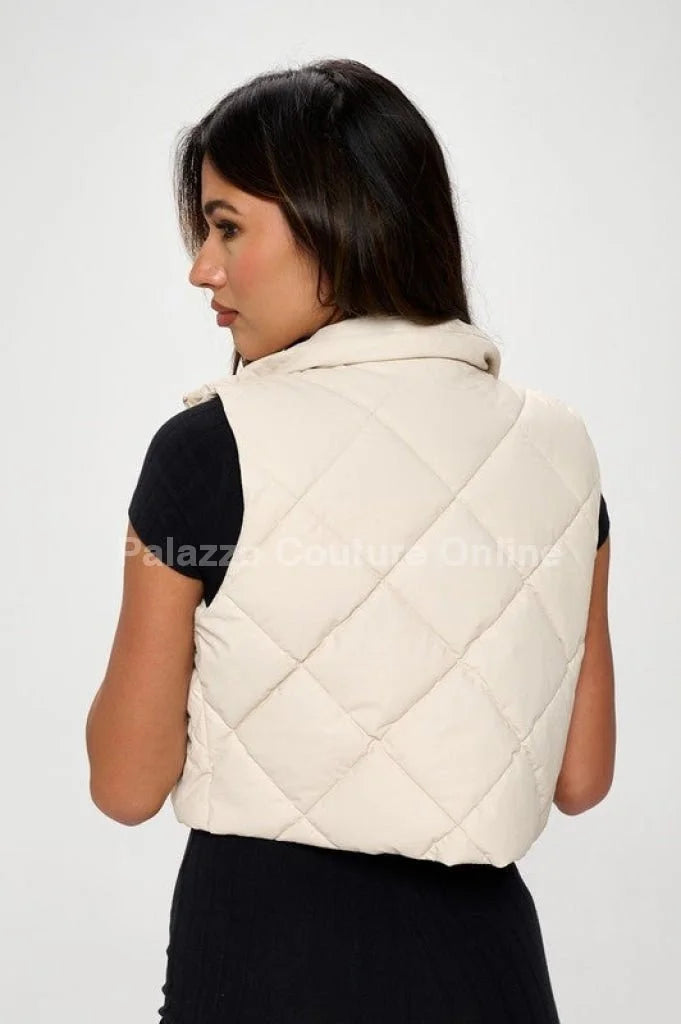 Faux Leather Cropped Puffer Vest – Quilted Vegan Outerwear - Cream