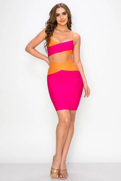 Criss Cross Color Block Bandage Skirt Sets (Fuchsia/Orange)