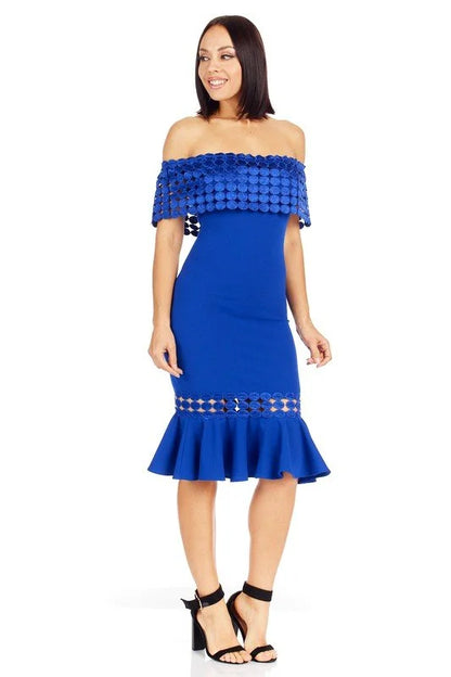 Crochet Band Blue Midi Dress with Off-Shoulder Design