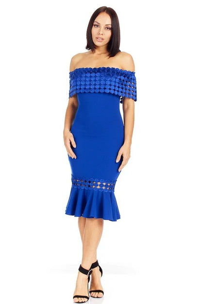 Crochet Band Blue Midi Dress with Off-Shoulder Design