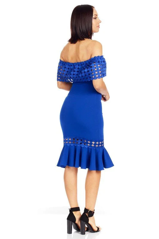 Crochet Band Blue Midi Dress with Off-Shoulder Design