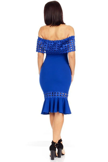 Crochet Band Blue Midi Dress with Off-Shoulder Design