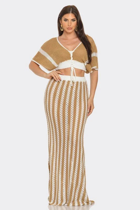 Boho-Chic Two-Piece Skirt Set (Taupe)