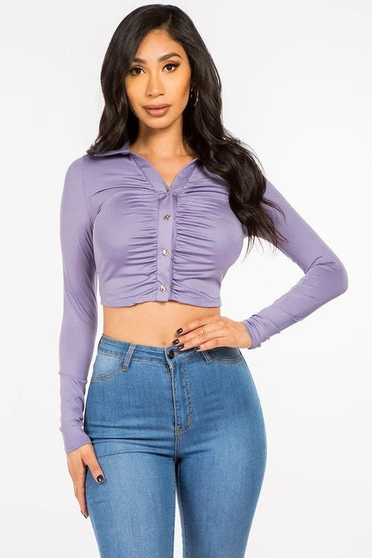 Cropped Button Lavender Crop Top with Ruched Front